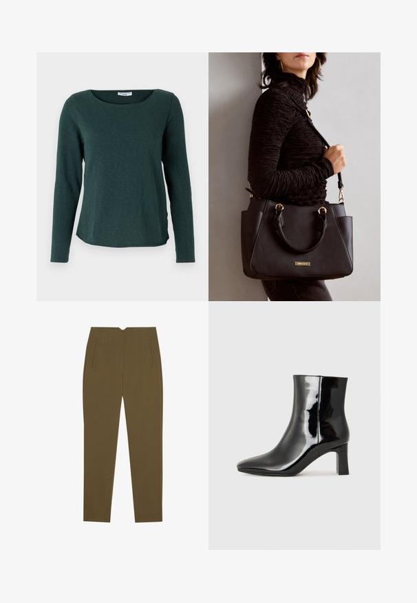 Marc O'Polo DENIM LONGSLEEVE - Long sleeved top - evergreen; Olive green tailored trousers with a smooth texture, featuring two front pockets and vertical seam detailing. Straight leg design.; Black patent leather ankle boot with a pointed toe and a mid-height block heel. Smooth texture and minimalist design.; Black handbag with textured surface, dual top handles, and adjustable shoulder strap. Features gold-tone hardware and side pockets.