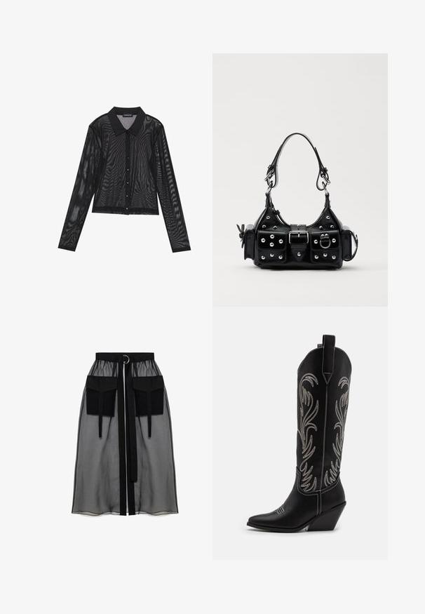 Sort langærmet skjorte lavet af gennemsigtigt materiale, med spidse kraver, frontlukning med knapper og struktureret mønster throughout.; Sort gennemsigtig nederdel med en rynket talje, der har to store forlommer, et taljebånd og en cirkulær metaldetalje.; Sorte læder cowboystøvler med spidse tæer, kilehæle og sølv broderede blomster mønstre langs skaftet. Kontrast syning overalt.; Sort læderhåndtaske med et buet design, prydet med sølvfarvede nitter, en spænde og to sidelommer. Justerbar rem til forskellige bære muligheder.