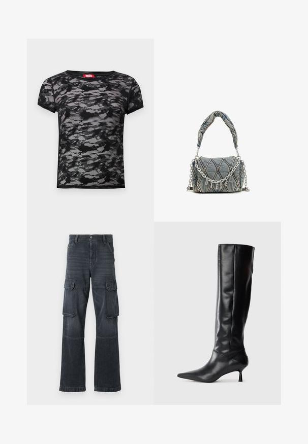 Črna čipkasta majica z teksturiranim kamuflažnim vzorcem. Okrogla ovratnica, kratki rokavi in rdeča oznaka blagovne znamke na ovratniku.; Temno sivi cargo hlače iz denima, z dvema stranskima žepoma in širokim krojem. Šivani detajli ob šivih in robovih.; Črne usnjene škornje do kolen z ozkim nosom in vitkim, ukrivljenim peto. Gladka tekstura, prilegajoč dizajn in brez vidnih dodatkov ali vzorcev.; Denim torba z rokavicami, modre barve, kratka pletena ročica in srebrna verižica z značilnostjo metalnih črk blagovne znamke.