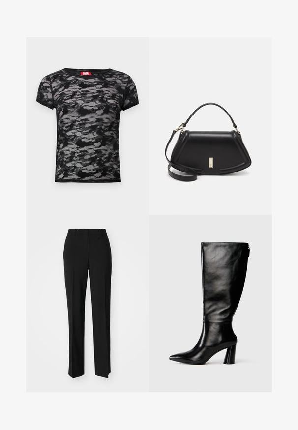 Czarna bluzka z koronką z teksturowanym wzorem w kamuflaż. Okrągły dekolt, krótkie rękawy i czerwona metka marki przy dekolcie.; Czarne spodnie o dopasowanym kroju z prostymi nogawkami, o gładkiej fakturze i wyraźnych zagięciach z przodu. Bez widocznych elementów metalowych.; Czarny skórzany but do kolan z ostro zakończonym noskiem, gładką fakturą i grubym obcasem. Posiada zamek z tyłu.; Czarna skórzana torebka o strukturalnym designie, z przyciętą formą, górnym uchwytem i złotymi akcentami. W zestawie regulowany pasek na ramię.