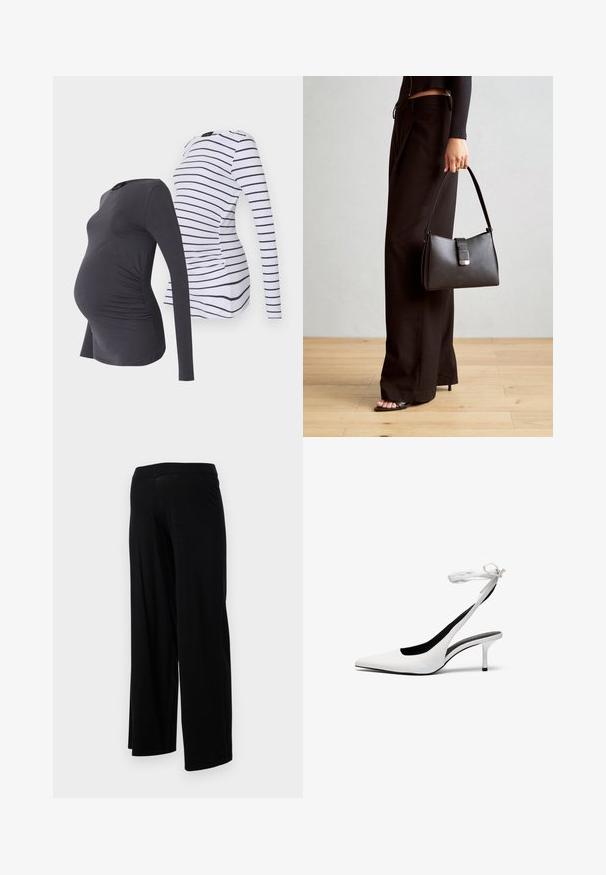 To langermede graviditetstopper: en ensfarget mørk grå med ruching på sidene, og en annen hvit med marineblå horisontale striper. Behagelig og elastisk stoff.; Sorte vide benbukser med elastisk liv og en glat, strækbar tekstur. Har et enkelt design, uten mønstre eller dekorelementer.; Hvite spisse slingback-hæler med tynn ankelrem. Glatt lærmateriale, tynn stiletthæl og svart innvendig foring.; Svart håndveske med strukturert form, jevn tekstur og metallisk lås. Kombinert med brede svarte bukser og sandaler med åpen tå på tregulv.