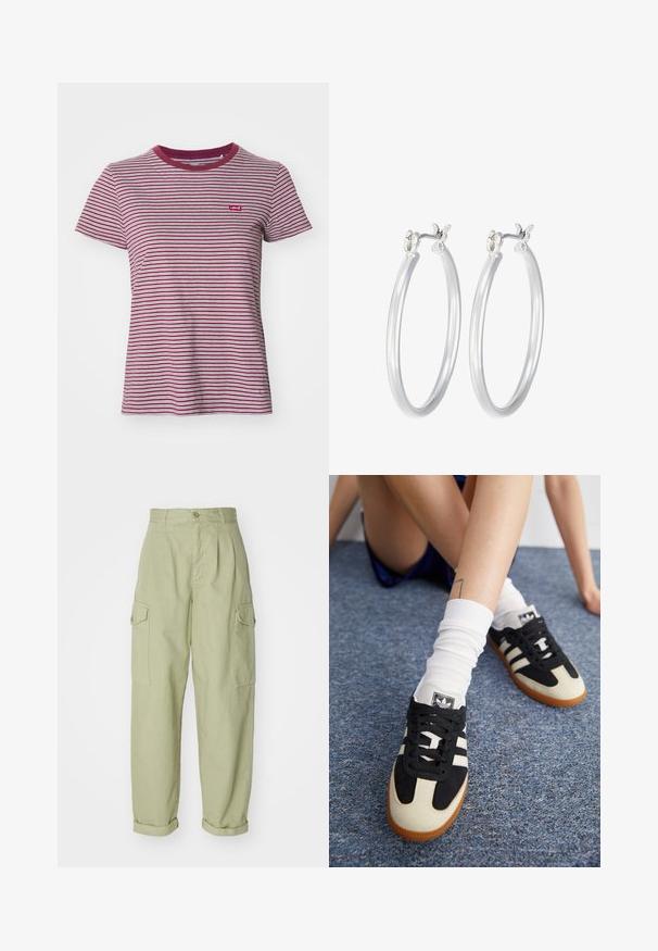Levi's® THE PERFECT TEE - Camiseta básica - collegiate burgundy; Pantalones cargo verde claro hechos de tela de algodón. Presenta una cintura alta, puños enrollados y dos bolsillos laterales de carga para mayor utilidad.; Zapatillas deportivas en blanco y negro con parte superior de ante y cuero, que presentan tres rayas blancas y una suela de goma. Par usado con calcetines blancos.; Pendientes de aro de plata con un acabado liso y pulido. Forma redonda y cierre de click seguro. Diseño ligero adecuado para el uso diario.