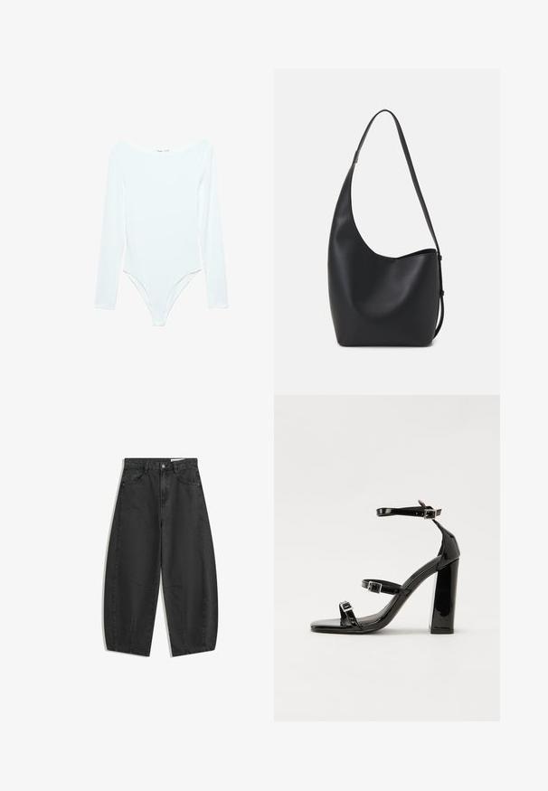 Body alb cu mânecă lungă și decolteu larg, realizat dintr-un material moale și elastic, cu o croială ajustată și deschideri pentru picioare tăiate înalt.; Jeanși negri, cu picioare largi, talie înaltă, buzunare frontale, bucle pentru curea și închidere cu nasture, expuși plan pe un fundal alb.; Sandale cu toc din patent negru, cu vârf pătrat, curele la gleznă și catarame din argint. Dispune de un toc gros pentru stabilitate.; Geantă hobo din piele neagră, cu o textură netedă, formă curbată și un singur bretele ajustabil; are o deschidere largă în partea de sus.