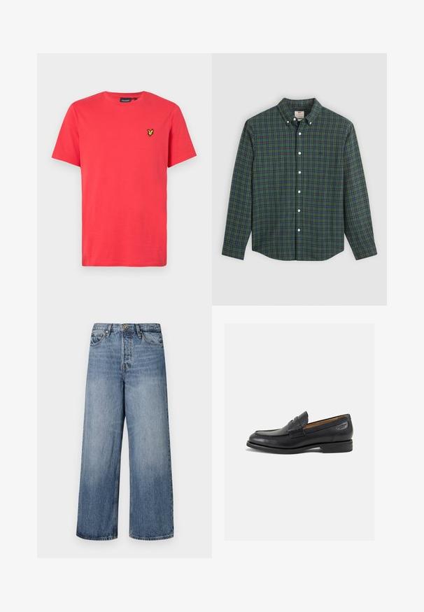 Rød bomulls t-skjorte med korte ermer, med en liten brodert logo i gult på venstre bryst. Klassisk crew neck-design.; Langermet skjorte med knappestolpe, i grønn, blå og gul rutete mønster, hvite knapper og krage med knapper.; Bredde ben blå denim jeans med en falmet vask, fem lommers design og knappelukking. Utstyrt med beltehemper og sydd detaljering.; Sorte lær loafers med en glat overflade, rund tå og dekorativ syning på forfoden. Lav stablet hæl og let glans.