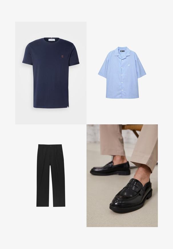 Mornarsko modra majica s kratkimi rokavi, narejena iz mehkega bombaža, z okroglo ovratnico in majhnim oranžnim vezenjem "II" na prsih.; Kratek rokav, srajca z gumbi v svetlo modri barvi s belimi navpičnimi črtami. Ima klasičen ovratnik in majhen logotip na prsih. Gladka tekstura tkanine.; Črne hlače z ravnim krojem, narejene iz gladkega materiala. Imajo sprednje gube in enojno zaponko na pasu.; Črne usnjene loafer čevlje z gladko površino, ki imajo okrasno zaponko in kontrastno šivanje, v kombinaciji s bež hlačami.