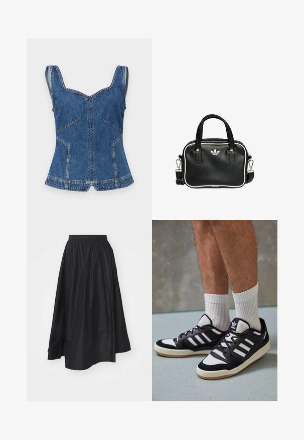 Stine Goya Top - trompe l'oeil; Černá sukně ke kolenům vyrobená z lehkého materiálu, s elastickým pasem a rozšířeným střihem pro snadný pohyb.; Černobílé tenisky s vrchní částí z semišové a kožené kůže, včetně tří bílých pruhů, perforovaného špičky a podrážky z gumy.; Černá kožená kabelka se dvěma krátkými uchy, stříbrným kováním, bílými detaily a bílým logem. Má texturovaný povrch a kompaktní design.