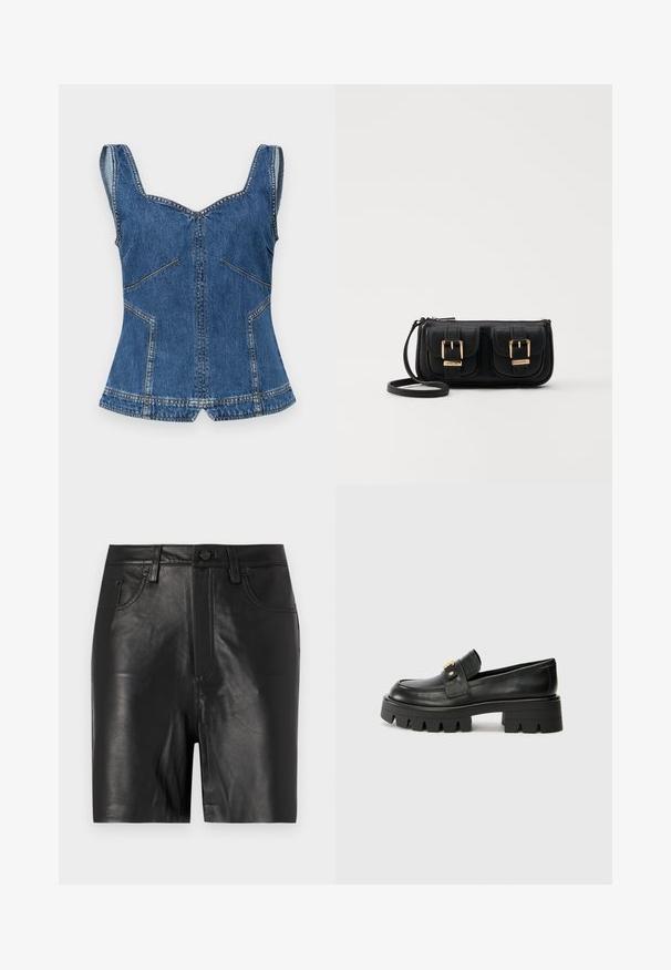 Stine Goya Toppi - trompe l'oeil; Mustat nahkahousut, joissa on sileä pinta, etuvetoketju, nappikiinnitys ja klassinen viiden taskun muotoilu.; Mustat nahkakengät, joissa on paksu pohja, kultaisella korostuksella edessä ja sileällä pinnalla. Paksu kuvio pohjassa.; Musta nahkainen olkalaukku, jossa on kaksi etutaskua, kultaiset soljet, vetoketjukiinnitys ja kapea hihna. Teksturoidun pinnan ja kompaktin suorakaiteen muoto.