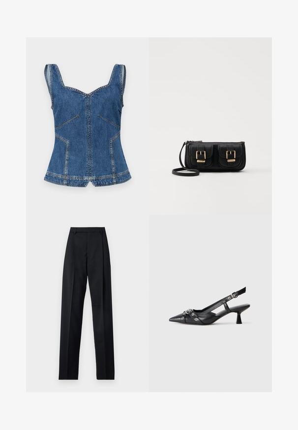 Stine Goya Top - trompe l'oeil; Black trousers made from smooth fabric featuring a high waist, wide legs, front pleats, and classic belt loops. No side pockets visible.; Black leather slingback shoe with a pointed toe, decorative straps featuring metal eyelets, and a low block heel. Textured surface.; Black leather crossbody bag with two front pockets, gold buckles, zipper closure, and a slim strap. Textured surface and compact rectangular shape.