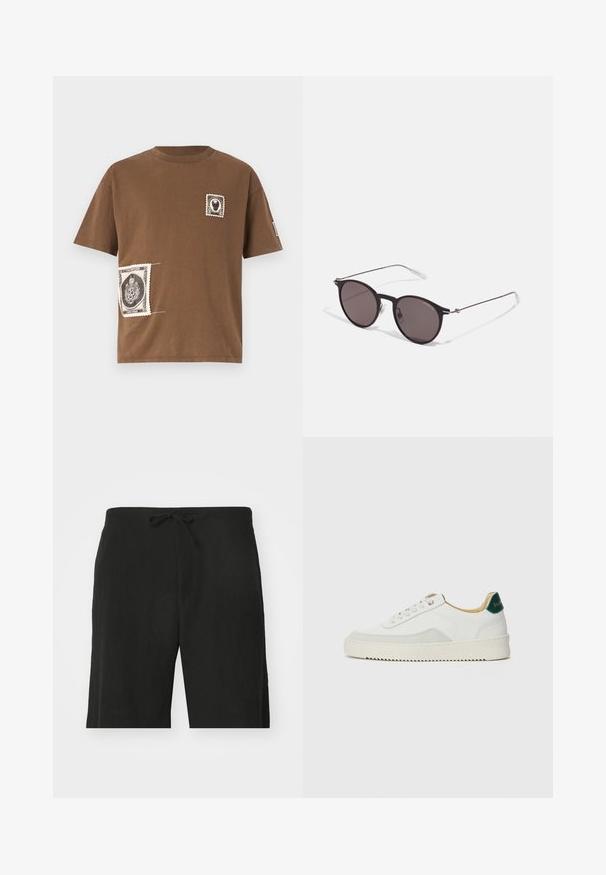 Ruskea puuvillainen t-paita, jossa on pyöreä kaula-aukko. Paitassa on kaksi koristeellista paikkaa, jotka muistuttavat mustavalkoisista vintage-leimoista.; Mustat pellavahousut, joissa on nauhavyötärö, rento istuvuus ja polven pituinen muotoilu. Sileä rakenne, yksinkertainen ja klassinen tyyli.; Valkoiset tennarit, joissa on nahkaosia, pyöreä kärki, tasaiset nauhat ja kermaisa kumi-pohja. Takana vihreä brändäys.; Musta pyöreä aurinkolasit tummilla linsseillä ja kapeilla metallikehyksillä. Sisältää kirkkaat temppelet ja hopeiset yksityiskohdat saranassa. Minimalistinen muotoilu.