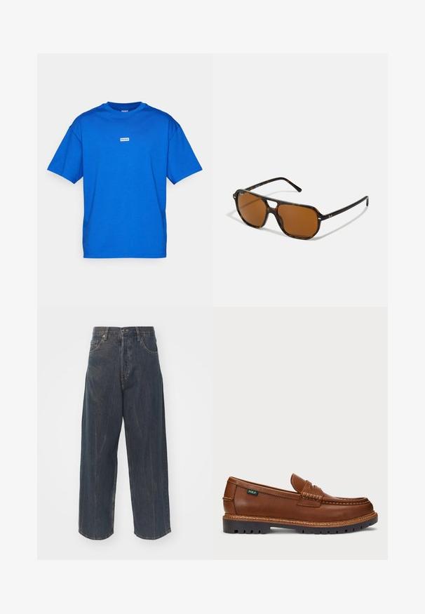 Blue cotton t-shirt featuring a crew neckline and short sleeves. It has a small white logo tag centered on the front. Smooth texture.; Wide-leg dark blue denim jeans with subtle distressed texture, five pockets, and a classic button and zipper closure at the waist.; Brown leather loafer with decorative stitching and a textured toe. The sole features a rugged design, offering traction and durability.; Tortoiseshell sunglasses with brown lenses, rectangular shape, and metal accents on the frame. Sleek design with thin arms.