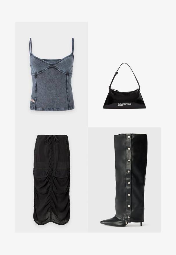 Top in denim con spalline sottili e regolabili, design aderente e un sottile dettaglio a cucitura curva su un tessuto blu scuro-ghiaccio.; Gonna nera in tessuto leggero. Presenta dettagli arricciati, due tasche anteriori e una vita con cordoncino per la regolazione.; Stivali alti in pelle nera con tacco, caratterizzati da un design aderente, punta affusolata e dettagli con bottoni a pressione argentati lungo il lato.; Borsa a tracolla in pelle verniciata nera con forma triangolare, dotata di zip superiore e tracolla regolabile. Logo "KARL LAGERFELD JEANS" in argento.; Collana choker a forma di fiore nero realizzata con petali sovrapposti, indossata con un top a coste nero che presenta accenti argentati lungo il colletto e le spalle.