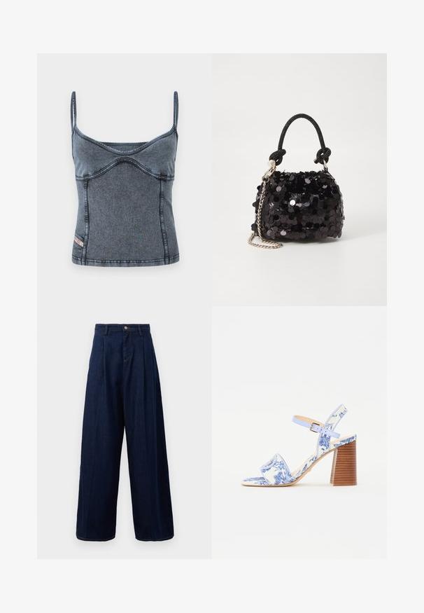 Denim top with thin adjustable straps, fitted design, and a subtle curved seam detail on a dark blue-gray fabric.; Dark blue denim wide-leg trousers with a high waist, pleated front, and classic button closure, featuring side pockets and contrasting stitching.; Blue floral-printed sandal with a square toe, a wide strap, and an adjustable ankle strap, featuring a textured wooden block heel.; Black sequin mini handbag with a knotted textured strap and silver chain. Rounded shape with gathered top and reflective detailing.