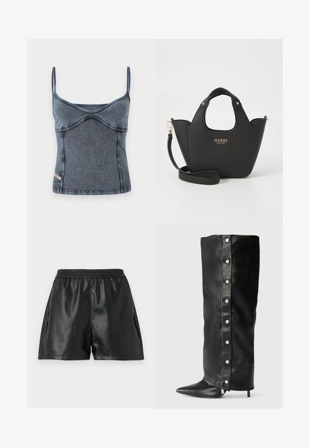 Farmerblúz vékony, állítható pántokkal, testhezálló fazonnal és diszkrét ívelt varrási részletekkel sötét kék-szürke anyagon.; Fekete műbőr rövidnadrág, rugalmas derékkal, sima textúrával és laza szabással. Nincsenek látható minták vagy díszítések.; Fekete bőr, magas sarkú csizmák, amelyek illeszkedő kialakítással, hegyes orral és ezüst színű patentgombokkal rendelkeznek az oldalukon.; Fekete textúrájú kézi táska rövid fogantyúkkal és levehető vállpánttal. Arany logó díszítéssel rendelkezik. Kompakt, strukturált forma.