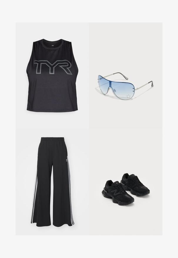 Černý bezrukávový sportovní top vyrobený z síťoviny, s výrazným šedým logem TYR na přední straně. Kulatý výstřih a volnější střih.; Černé pohodlné tepláky širokého střihu s elastickým pasem, na boční straně s bílými pruhy a vyšitým logem na levé stehně.; Černé sportovní boty s texturovaným svrškem, které mají výrazné logo "N", pohodlnou podrážku a štíhlý, moderní siluet.; Pilotské sluneční brýle s modrými gradientními skly, stříbrným kovovým rámem a dekorativními hvězdnými akcenty na sklech. Hladký a elegantní design.