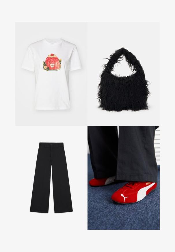 Tricou alb din bumbac cu o ilustrație colorată a unui desert cu o cireașă deasupra și accente florale, centrat pe față.; Pantaloni negri, cu picioare largi, dintr-un material moale, țesut. Au pliseuri presate, bucle pentru curea și un finisaj curat, croit.; Adidași roșii din suede cu accente albe, având material texturat, vârf rotund și un logo auriu pe lateral, purtați cu pantaloni negri.; Even&Odd Geantă de pânză - black