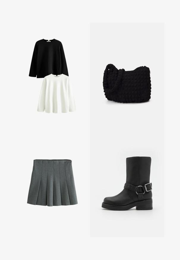 Două cămăși cu mânecă lungă: una neagră și una albă. Ambele au un guler rotund clasic, realizat din bumbac moale, cu o textură netedă.; Fustă plisată gri, realizată dintr-un material ușor, cu talie ajustată și plisuri structurate care creează o siluetă evazată.; Botine negre din piele, cu vârful rotund, toc gros și o curea decorativă în jurul gleznei. Finisaj texturat.; Geantă dintr-un material textil negru, cu un model texturat și matlasat. Formă rotundă, mânere scurte și groase, și o structură moale, flexibilă.