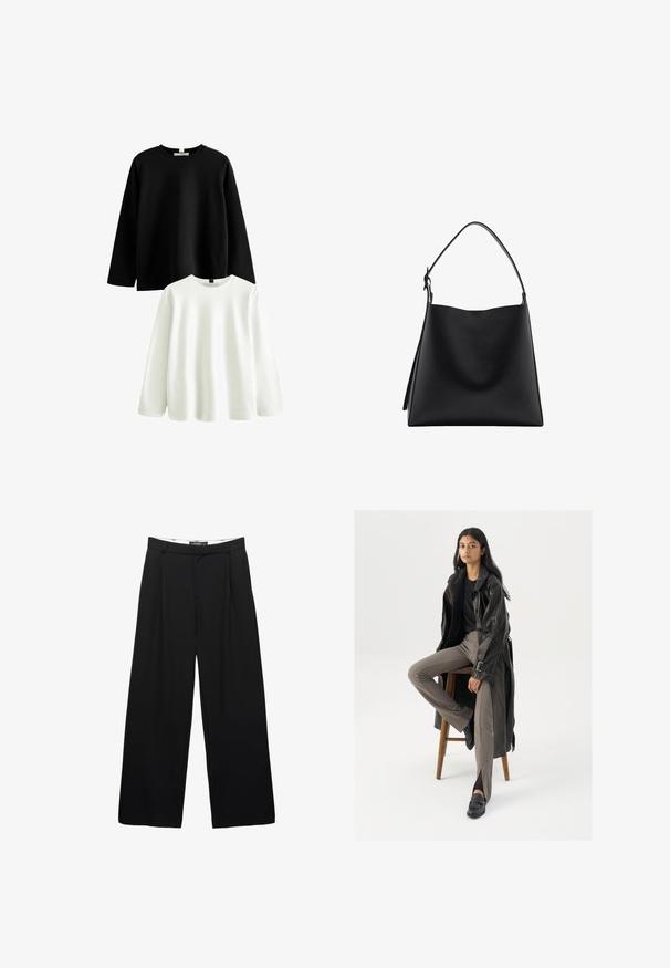 Dvoje dlhých rukávov: jedny čierne a jedny biele. Obe majú klasický okrúhly golier, sú vyrobené z mäkkej bavlny s hladkou textúrou.; Široké čierne nohavice vyrobené z hladkej tkaniny. Obsahuje predné skladby, pás s poutkami na opasok a upravený strih.; Čierny kožený trenčkot s gombíkmi a detailom pásu, v kombinácii so svetlohnedými priliehavými nohavicami a čiernymi mokasínami, posadený na drevenej stoličke.; Čierna kožená kabelka s hladkou textúrou, minimalistickým dizajnom a jedným zakriveným ramenným popruhom. Otvorená vrchná časť, bez viditeľného kovania.