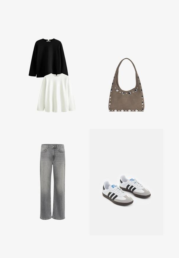 Zwei Langarmhemden: eines schwarz und eines weiß. Beide haben einen klassischen Rundkragen, sind aus weicher Baumwolle gefertigt und besitzen eine glatte Textur.; Weite Jeans aus grauem Denim mit hoher Taille, fünf Taschen, einem vorderen Knopfverschluss und dezentem Verblassen des Materials.; Sportschuhe mit einem Obermaterial aus weißem Leder, grauer Wildleder-Zehenkappe und drei schwarzen Streifen. Sie verfügen über ein blaues Logo auf der Zunge und eine strukturierte Gummisohle.; PULL&BEAR SHOPPER  - Shopping Bag - grey
