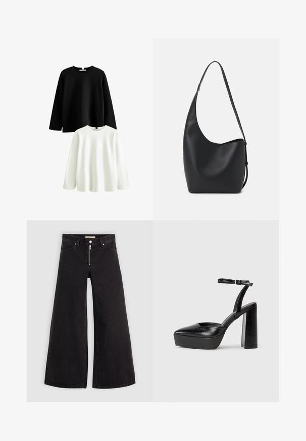 Zwei Langarmhemden: eines schwarz und eines weiß. Beide haben einen klassischen Rundkragen, sind aus weicher Baumwolle gefertigt und besitzen eine glatte Textur.; Schwarze Denim-Jeans mit weitem Bein, Reißverschluss vorne, Fünf-Taschen-Design und dezenten Stickdetails. Glatte Textur und lässiger Stil.; Schwarze Plateau-High Heels mit spitzem Zeh und verstellbarem Knöchelriemen. Gefertigt aus glattem Leder und mit einem klobigen Blockabsatz.; Schwarze Leder-Hobo-Tasche mit einer glatten Textur, geschwungener Form und einem einzelnen verstellbaren Tragegurt; verfügt über eine weite Öffnung am oberen Ende.