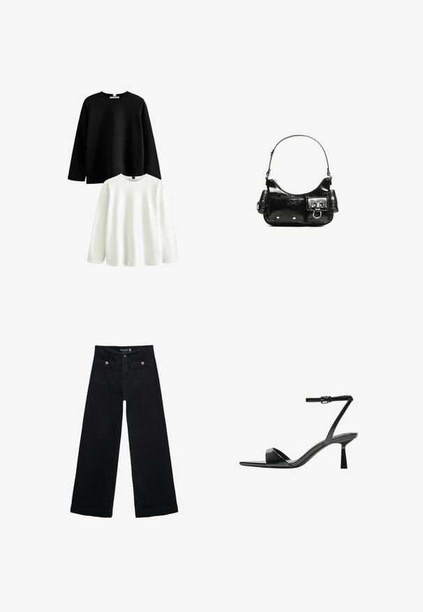 Dvije košulje s dugim rukavima: jedna crna i jedna bijela. Obje imaju klasični okrugli ovratnik, napravljene su od mekog pamuka, s glatkom teksturom.; Crne široke traperice s visokim strukom, koje imaju dva prednja džepa i metalne gumbe kao ukrase. Tkanina ima glatku teksturu.; Bershka Sandale s visokom petom - black; Crna patentna kožna torba s zakrivljenim oblikom, jednim remenom za rame, prednjim džepovima i akcentima od srebrnog tona.
