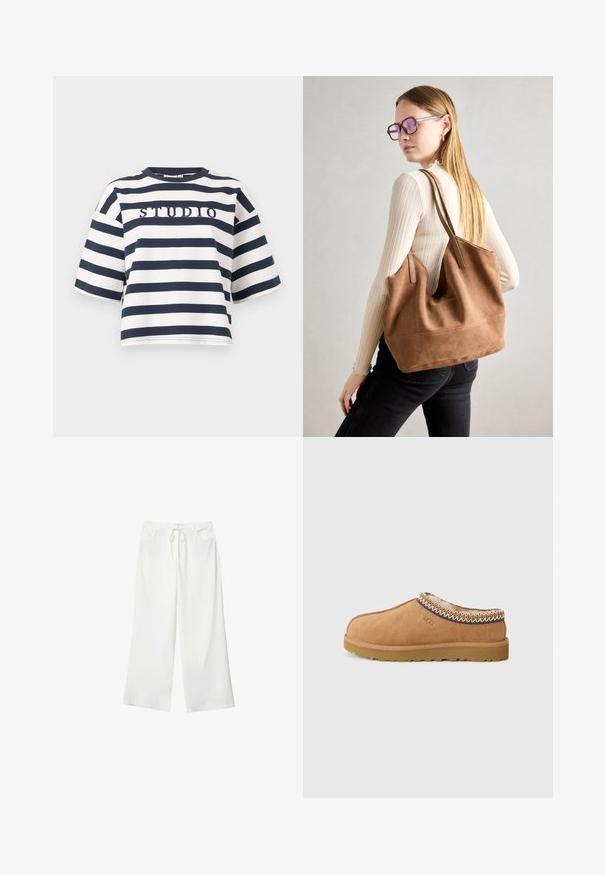Gestreiftes T-Shirt in Marineblau und Weiß, mit rundem Ausschnitt und kurzen Ärmeln. Der Text "STUDIO" ist in der Mitte gestickt. Lässige Passform.; Weiße, weite Hosen aus weichem Stoff, mit einem Kordelzug in der Taille und zwei vorderen Taschen. Glatte Textur und keine sichtbaren Muster.; Beige Wildleder-Slipper mit einem strukturierten Wollfutter und dekorativer ethnischer Stickerei am Kragen. Verfügt über eine Gummisohle.; Braune Wildleder-Tasche mit weicher Textur, großer Öffnung und langen Trägern. Sie verfügt über ein simples Design mit sichtbarem Stich und ohne Beschläge.