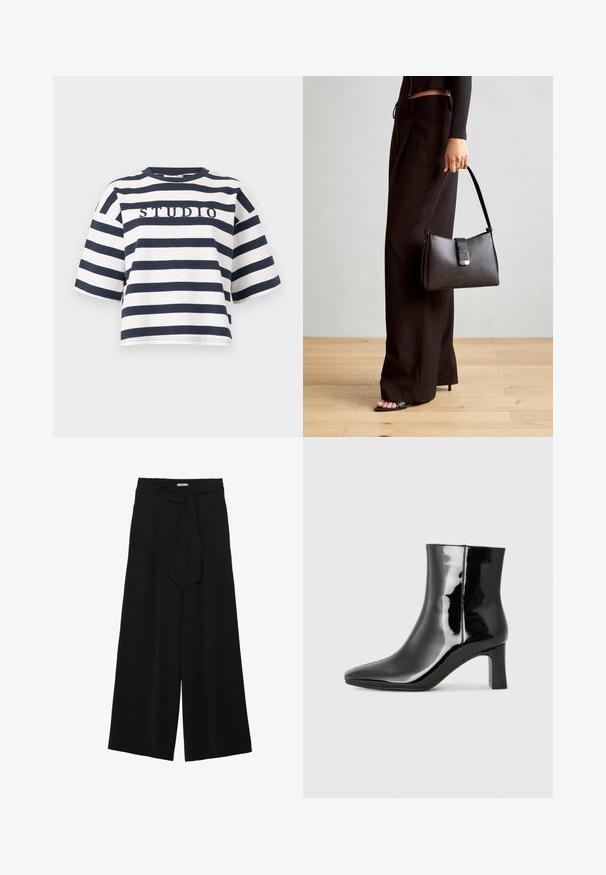 Svītrainā t-kreklā ietverts jūras zilas un baltas krāsas, ar apaļu kakla izgriezumu un īsām piedurknēm. Centrā izšūta teksts "STUDIO". Ikdienas piegriezums.; Melni platleņķa bikses ar teksturētu audumu, elastīgu jostu un noņemamu siksnu viduklī, kas nodrošina regulējamu piegulšanu.; Melnas patentētas ādas potīšu zābaki ar norādītu pirkstu un vidēja augstuma kvadrātveida papēdi. Gluda tekstūra un minimālisma dizains.; Melnā somiņa ar strukturētu formu, gludu tekstūru un metālu sprādzi. Saskaņota ar platām melnām biksēm un sandālēm ar atvērtu purngalu uz koka grīdas.