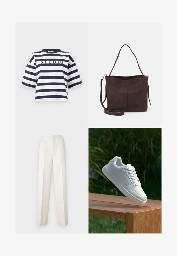 Gestreiftes T-Shirt in Marineblau und Weiß, mit rundem Ausschnitt und kurzen Ärmeln. Der Text "STUDIO" ist in der Mitte gestickt. Lässige Passform.; Cremfarbene Hosen mit figurbetonter Passform, gerader Beine, glattem Stoff, vorderen Falten und sauberem Saum. Minimalistisches Design.; Weiße Sneaker mit einem glatten, synthetischen Obermaterial, perforierter Zehenbox, flachen Schnürsenkeln und einer strukturierten Sohle, präsentiert auf einer Holzoberfläche.; Braune Wildleder-Tasche mit weicher Textur, ausgestattet mit einem einzelnen Schulterriemen und einer dezenten, gewölbten Öffnung an der Oberseite. Keine sichtbaren Beschläge.