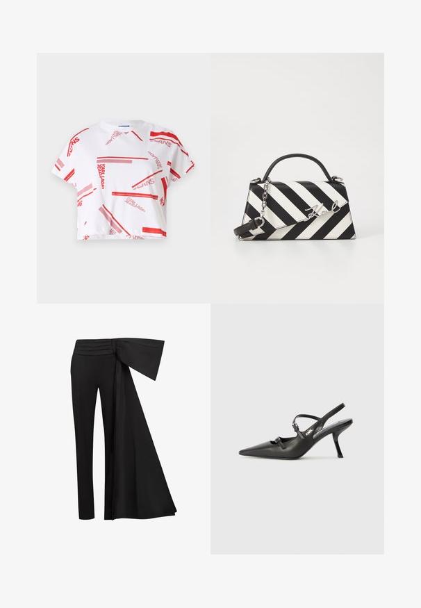 Camiseta blanca recortada con un patrón gráfico en rojo y rosa que incluye el texto "KARL LAGERFELD JEANS" en diversas orientaciones y tamaños.; Pantalones negros con un ancho detalle de cinta drapeada en la cintura. Tejido suave, corte recto de pierna y cinturilla plisada.; Tacones slingback de cuero negro con punta afilada, tacón delgado y detalle decorativo de hebilla en la parte superior. Textura suave y diseño elegante.; Bolso de mano a rayas en blanco y negro con una forma estructurada, que cuenta con un asa superior, una correa de cadena desmontable y un acento de logo metálico.