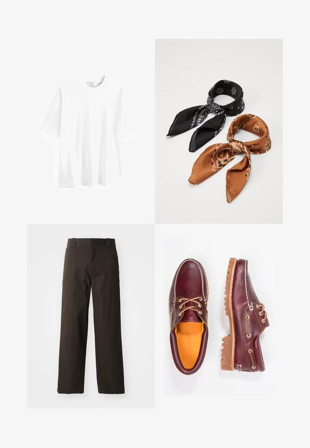 Camiseta de algodón blanca de manga corta con cuello redondo, corte relajado y textura suave. Sin patrones ni acentos visibles.; Camisa blanca de botones con cuello clásico, mangas largas y dobladillo redondeado; presenta un pequeño logo naranja en la parte inferior izquierda.; Pantalones de algodón negros con un diseño de pierna recta, que cuentan con un cierre de botón y una cinturilla clásica. Textura suave, sin patrones ni acentos.; Zapatos de cuero burdeos con suelas de goma marrón, puntera redonda, costuras blancas y ojales dorados. El interior cuenta con un forro amarillo.; Dos bufandas con estampados: una negra con diseños blancos y la otra marrón con acentos naranjas. Ambas están hechas de satén y tienen extremos puntiagudos.