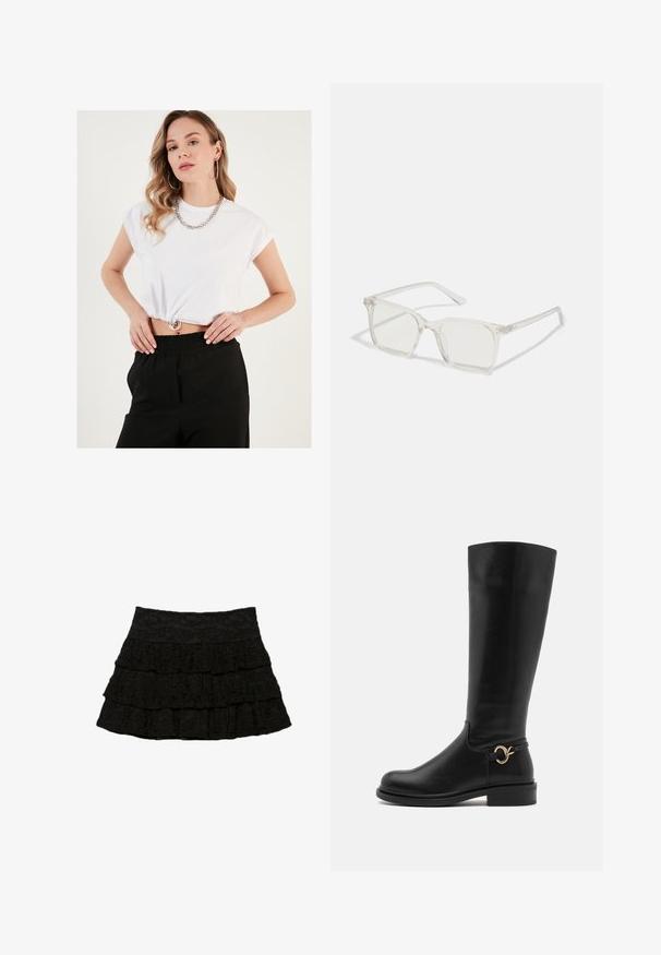 Biely skrátený tričko s krátkymi rukávmi, s elastickým spodným okrajom a strieborným kruhovým kovovým doplnkom, v kombinácii s čiernymi vysokými nohavicami.; Čierna sukňa s viacerými vrstvami ruflí s textúrovaným kvetinovým vzorom. Elastický pás pre komfort a prispôsobenie.; Anna Field Wide Fit Čižmy - black; Priehľadné plastové okuliare s námestovými rámami a priehľadnými šošovkami, s kultivovanými zlatými akcentmi na spánkoch pre zvýraznenie detailov.; Krémová, mäkká taška z umelého kože s nariaseným dizajnom, nastaviteľným popruhom a jemným šnurovaním. Hladký povrch a zaoblený tvar.