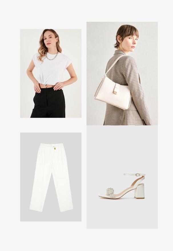 Hvid cropped t-shirt med korte ærmer, med en sammensnøret kant og sølv cirkulært hardware, parret med sorte højtaljede bukser.; Hvide, vide bukser lavet af glat stof. Har en enkelt gul knaplukning og plisseret frontdesign. Ingen synlige lommer.; Hvid åben tå sandal med en tyk blokhæl, der har et struktureret glimmerbånd over foden og en justerbar ankelrem.; Hvid læder håndtaske med en struktureret design, der har en magnetlukning og en skulderrem, præsenteret mod en neutral baggrund.