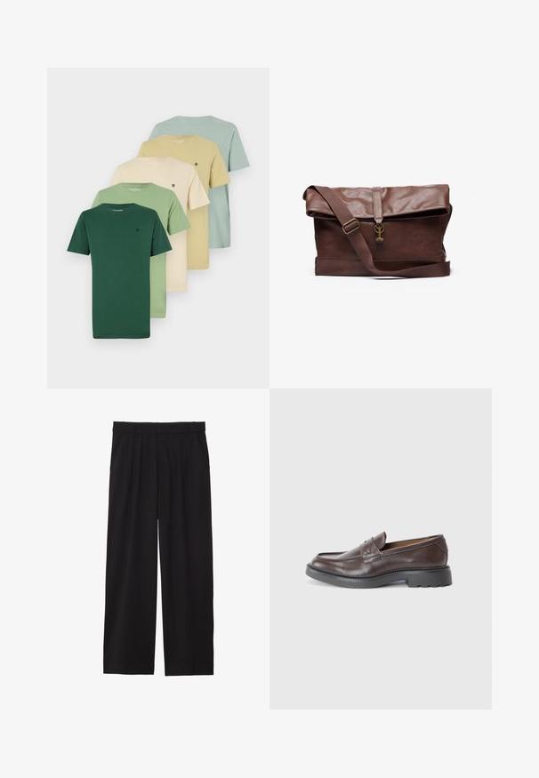 Fem T-skjorter utstilt i en gradient fra grønn til lys beige. Laget av bomull, med rund hals og korte ermer. Hver har en liten logo.; Svarte vide bukser med plisserte detaljer foran, sidelommer, og en glatt tekstur. Designet for en avslappet passform.; Brune lærloafers med en glat finish, rund tå, minimal syning og en tyk sort gummisål. Ingen synlig hardware eller accenter.; Brun lærremse med en fold-over klaff, justerbar stropp, metallhardware og en glatt overflate. Inkluderer en frontlås med en løkke.; Casio rektangulær klokke med hvit skive, gull detaljer, romerske tall og brun krokodilleskinnsrem. Vanntett design.