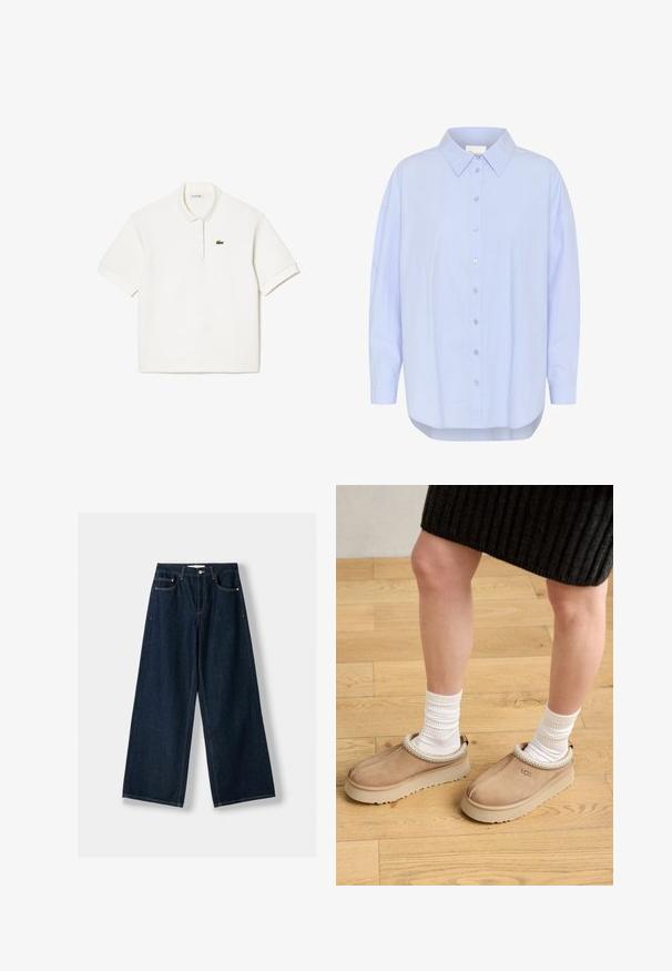 Weißes Polo-Shirt aus Baumwolle, mit umklappbarem Kragen, kurzen Ärmeln und einem kleinen, grünen, gestickten Krokodil-Logo auf der linken Brust.; Helles blaues, knopfbares Hemd mit spitzem Kragen, langen Ärmeln und abgerundetem Saum. Glatte Textur mit sichtbaren Knopfdetails.; Dunkelblaue, weit geschnittene Jeans aus Denim. Verfügt über fünf Taschen, einen Knopf- und Reißverschluss sowie Kontrastnähte.; Braune Wildleder-Slipper mit einem strukturierten, hellen Kragen. Gummisohle mit gemusterten Rillen, getragen mit weißen gerippten Socken.