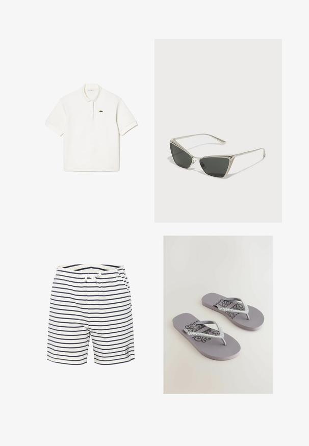 Weißes Polo-Shirt aus Baumwolle, mit umklappbarem Kragen, kurzen Ärmeln und einem kleinen, grünen, gestickten Krokodil-Logo auf der linken Brust.; Gestreifte Badehosen in Weiß und Marineblau, mit einem elastischen Bund und Kordelzug sowie einem kleinen Logodetail an der unteren Vorderseite.; Graue Flip-Flops mit einem strukturierten Fußbett, versehen mit einem dekorativen schwarzen Muster und funkelnden, mit Strass akzentuierten Riemen in V-Form.; Silberne dreieckige Sonnenbrille mit dunklen Gläsern. Der Rahmen hat ein strukturiertes Design und kleine Verzierungen an den Ecken. Elegante Metallstruktur.