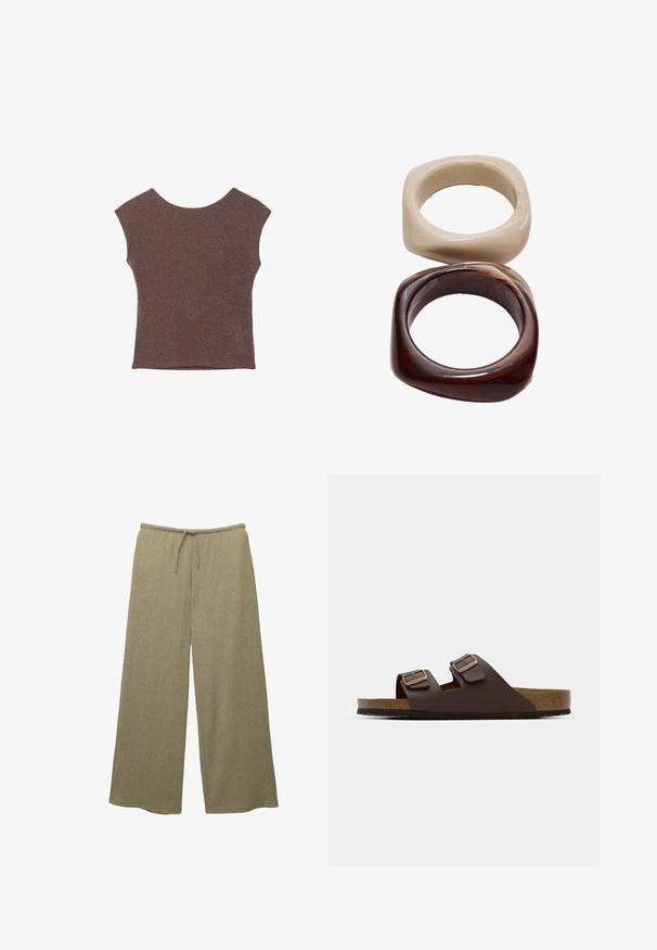 Bruine mouwloze top van een gemarmerde, glanzende stof met een brede halslijn en een aansluitende silhouette. Geen zichtbare versieringen of patronen.; Wijde broekspijpen gemaakt van textuurrijke olijfgroene stof, voorzien van een tailleband met trekkoord. Eenvoudige, rechte snit zonder extra accenten.; Bruine, platte slipper met twee verstelbare banden. Gemaakt van een glad materiaal, met een kurken voetbed en een getextureerde rubberen zool.; Stradivarius SET - Armband - dark brown