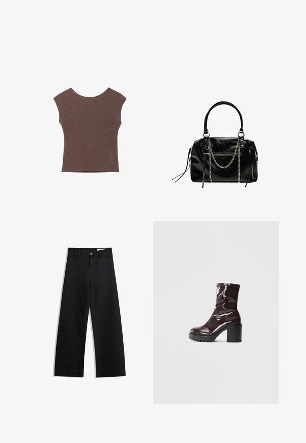Braunes ärmelloses Top aus einem strukturierten, glänzenden Stoff mit weitem Ausschnitt und figurnaher Silhouette. Keine sichtbaren Verzierungen oder Muster.; Schwarze weit geschnittene Jeans mit hoher Taille, ausgestattet mit Vorder- und Hintertaschen, gesteppten Nähten und einem Knopfverschluss. Glatte Textur.; Glatte bordeauxrote Ankle Boots mit einem klobigen schwarzen Absatz, die eine glatte Oberfläche und ein einfaches Design aufweisen. Keine sichtbaren Verschlüsse oder Muster.; Bershka WITH CHAIN - Handtasche - black
