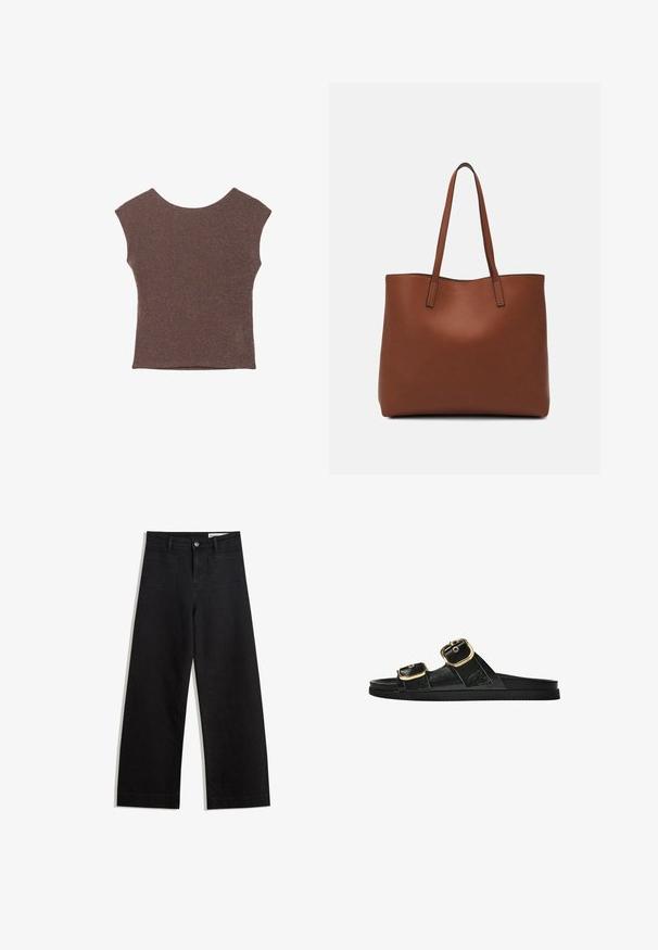 Bruine mouwloze top van een gemarmerde, glanzende stof met een brede halslijn en een aansluitende silhouette. Geen zichtbare versieringen of patronen.; Zwarte denim broek met wijde pijpen en een hoge taille, voorzien van voor- en achterzakken, gestikte naden en een knoopsluiting. Gladde textuur.; Zwarte slipper met twee gouden gesps, gladde textuur, platte zool en een minimalistisch ontwerp.; Bruine leren tote bag met een gladde textuur, een ontwerp met een open bovenkant en twee schouderbanden. Kenmerkt zich door minimale stiksels en geen zichtbare hardware.
