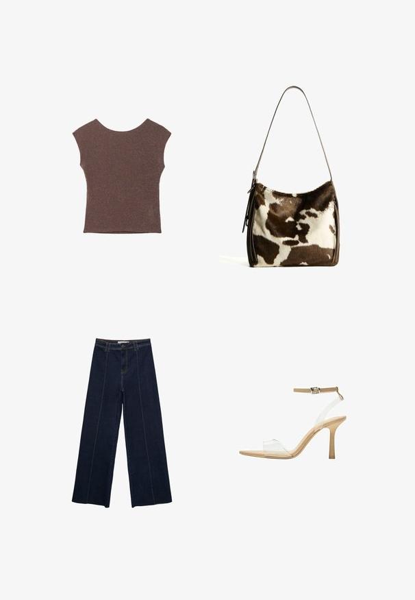 Smeđa bezrukavna majica izrađena od teksturiranog, sjajnog materijala s širokim izrezom i prilagođenim siluetom. Nema vidljivih ukrasa ili uzoraka.; Hlače od tamnog jeansa s širokim nogavicama, kontrastnim šavovima, visokim strukom i ravnim krojem. Imaju prednje džepove i klasično zatvaranje na gumb.; Sandal s prozirnim potplatom i prozirnim gornjim dijelom, bež uloškom i tankim remenom oko gležnja. Ima špicasti vrh i tanak visoki potplat.; Smeđa i krem torba preko ramena od kravljeg krzna sa glatkim kožnim remenom, zatvaranjem na patentni zatvarač i mekom, teksturiranom površinom koja sadrži prirodan uzorak.