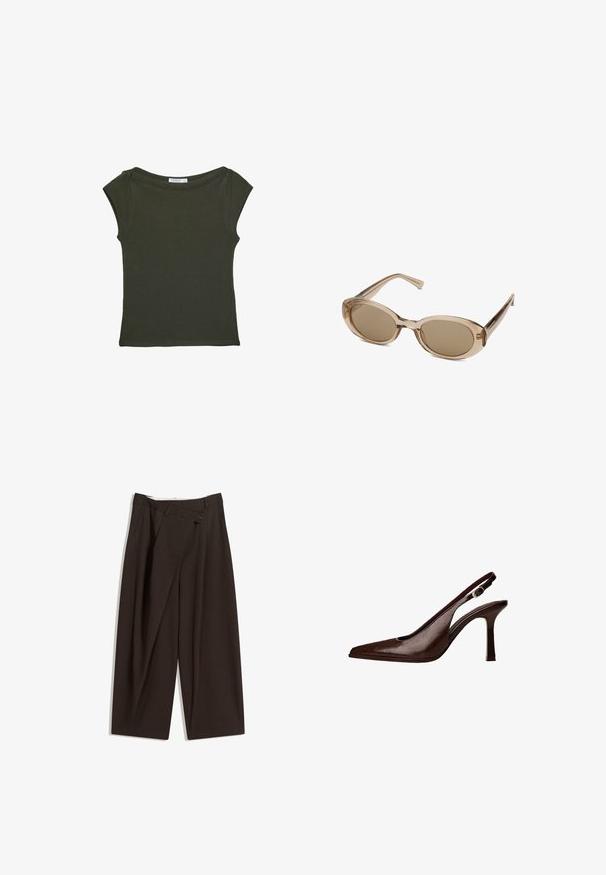 Mørkegrøn, tætsiddende t-shirt lavet af blødt stof med bred halsudskæring og korte ærmer. Glat tekstur uden synlige mønstre eller detaljer.; Mørkebrune brede bukser med høj talje, udstyret med en enkelt knaplukning og en plisseret front. Lavet af letvægtsstof.; Brune læder slingback pumper med spids tå og en tynd hæl. Har en lille accentspænde på remmen og en blank finish.; Sunglasses med en transparent beige ramme, ovale linser og slanke stænger. Har lys bruntonede linser og minimal branding.