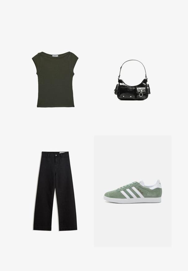 Tmavozelené, priliehavé tričko z mäkkej tkaniny so širokým výstrihom a krátkymi rukávmi. Hladký povrch bez viditeľných vzorov alebo akcentov.; Čierne denimové nohavice s širokými nohavicami a vysokým pásom, so prednými a zadnými vreckami, šitými švami a zapínaním na gombík. Hladká textúra.; Zelené semišové tenisky s bielymi koženými akcentmi, s tromi bielymi pruhmi, okrúhlou špičkou a textúrovanou gumovou podrážkou. Zlatý branding detail.; Čierna laková kožená kabelka s ohnutým tvarom, jedným ramenným popruhom, prednými vreckami a striebornými kovovými doplnkami.
