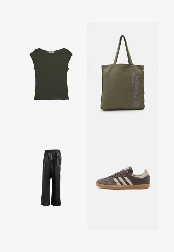 Tmavě zelené, přiléhavé tričko vyrobené z měkkého materiálu s širokým výstřihem a krátkými rukávy. Hladký povrch bez viditelných vzorů nebo akcentů.; Černé syntetické sportovní kalhoty s elastickým pasem, se bílými postranními pruhy a malým bílým logem na levém boku.; Hnědé kožené tenisky se třemi světlými pruhy, gumovou podrážkou, zaoblenou špičkou a texturovanými semišovými detaily na patě a špičce.; Olivově zelená plátěná taška s potiskem loga, dvojité uchy, čtvercový tvar, viditelné švy a bez dalších vzorů nebo akcentů.