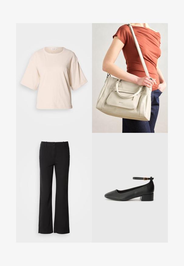Világos bézs színű, rövid ujjú póló, puha pamutból készült. Kerek nyakkivágása van, laza szabású és felgöngyölt ujjaival rendelkezik. Minimalista dizájn.; Fekete pamut keverék nadrág egyenes szárú dizájnnal, elülső gombos záródással és két oldalsó zsebbel. Simára kialakított textúra, nincs látható minta.; Fekete bőr magassarkú cipő hegyes orral és alacsony tömb sarkal. Bokapánttal rendelkezik, aranyszínű csattal. Simább textúra.; Fehér bőr táska dupla füllel és levehető pánttal, elülső cipzáras zsebbel és sima textúrával. Egy személy karján hordva.