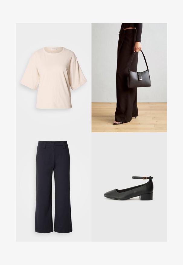 Light beige short-sleeve t-shirt, made of soft cotton. Features a round neckline and loose fit with rolled cuffs. Minimalist design.; Wide-leg trousers in dark navy fabric. Features a flat front, belt loops, and side pockets. The material is smooth with a slight stretch.; Black leather pump with a pointed toe and a low block heel. Features an ankle strap with a gold-tone buckle. Smooth texture.; Black handbag with structured shape, smooth texture, and a metallic clasp. Paired with wide black pants and open-toe sandals on wooden floor.