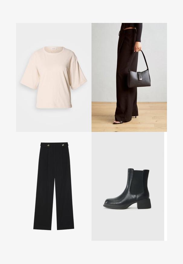 Light beige short-sleeve t-shirt, made of soft cotton. Features a round neckline and loose fit with rolled cuffs. Minimalist design.; Black wide-leg trousers with high waist, button details on waistband, and front pleats.; Black leather ankle boot with elastic side panels, rounded toe, and a low block heel. The surface has a smooth texture and minimal detailing.; Black handbag with structured shape, smooth texture, and a metallic clasp. Paired with wide black pants and open-toe sandals on wooden floor.