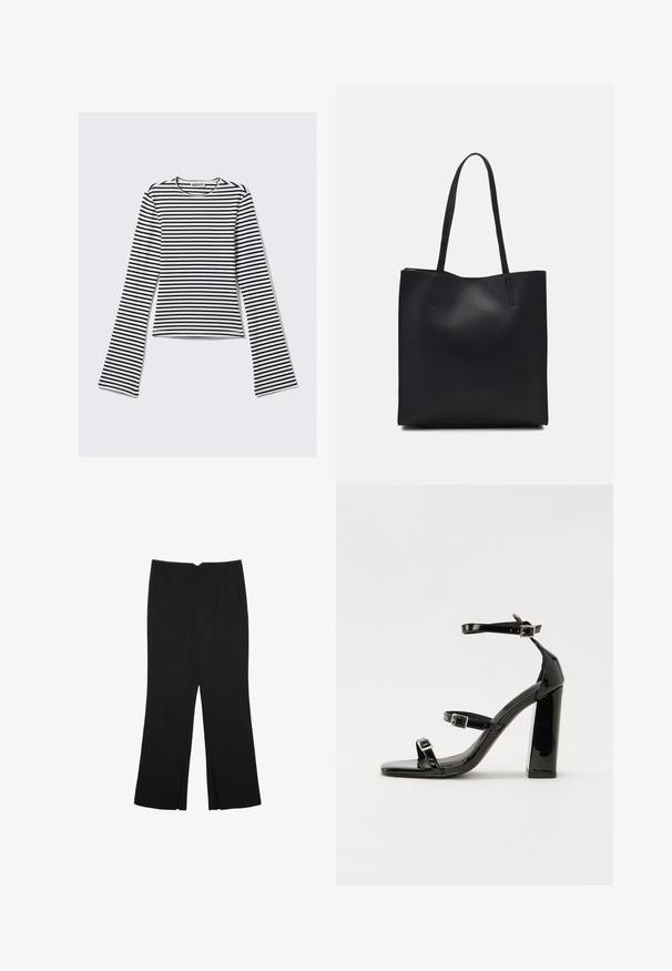 Schwarz-weiße gestreifte Langarmbluse mit rundem Ausschnitt und taillierter Silhouette. Weicher Stoff mit glatter Textur.; Schwarze Hose mit geradem Schnitt, ausgestattet mit Fronttaschen und Seitenschlitzen am Saum. Hergestellt aus weichem, glattem Stoff. Geeignet für verschiedene Anlässe.; Schwarze patentierte Sandalen mit Absatz, quadratischer Spitze, Knöchelriemen und silbernen Schnallen. Mit einem stabilen Blockabsatz für mehr Stabilität.; Schwarze Laptoptasche aus Leder mit glatter Textur, rechteckiger Form und zwei langen Griffen. Keine sichtbaren Beschläge oder Verzierungen.
