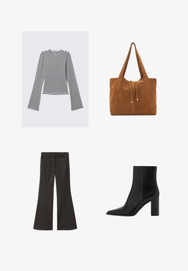 Cămașă cu mânecă lungă, cu dungi alb-negru, cu decolteu rotund și siluetă ajustată. Material moale cu o textură netedă.; Pantaloni evazați negri, cu talie înaltă; au două buzunare frontale și o textură de stofă netedă. Potriviți pentru diverse ocazii.; Botine negre din piele cu vârf ascuțit, toc pătrat, textură netedă și detalii de cusătură de-a lungul jantelor. Toții au o înălțime de aproximativ 3,5 inci.; Geantă tote din suede maro cu două mânere lungi, închidere prin șnur și un design minimalistic. Textură netedă și fără accente vizibile de hardură.