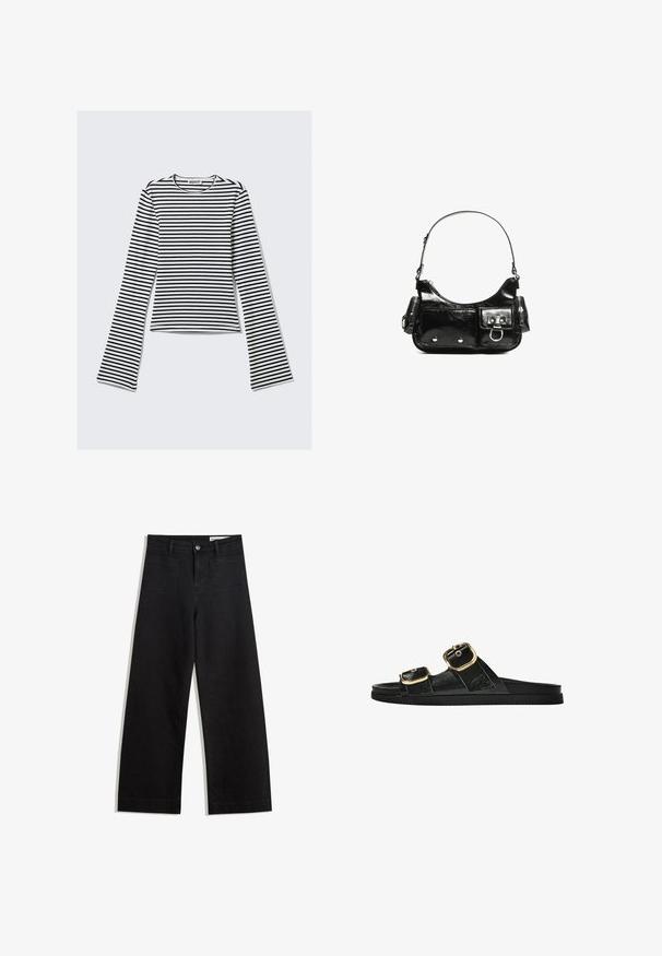 Maglietta a maniche lunghe a righe bianche e nere con scollatura rotonda e silhouette aderente. Tessuto morbido con una texture liscia.; Pantaloni in denim neri a gamba larga con vita alta, dotati di tasche anteriori e posteriori, cuciture a punto, e chiusura con bottone. Texture liscia.; Infradito neri con due accenti di fibbia dorata, materiale dalla texture liscia, suola piatta e design minimalista.; Borsa a spalla in vernice nera con forma curvata, una tracolla, tasche frontali e dettagli in metallo argentato.