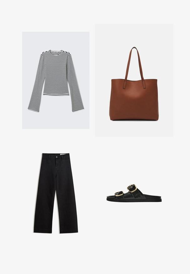 Schwarz-weiße gestreifte Langarmbluse mit rundem Ausschnitt und taillierter Silhouette. Weicher Stoff mit glatter Textur.; Schwarze weit geschnittene Jeans mit hoher Taille, ausgestattet mit Vorder- und Hintertaschen, gesteppten Nähten und einem Knopfverschluss. Glatte Textur.; Schwarze Riemensandale mit zwei goldenen Schnallendetails, glattem Material, flachem Sohlen und minimalistischer Gestaltung.; Braune Leder-Tote mit glatter Textur, offenem Oberteil und zwei Schulterriemen. Verfügt über minimale Nähte und keine sichtbaren Beschläge.