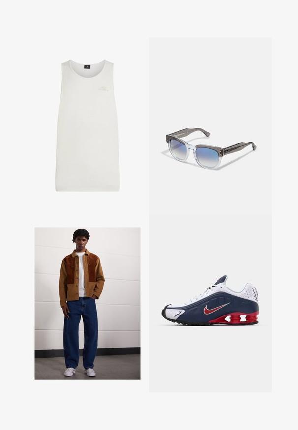 Valge tank top, mis on valmistatud kergest kangast. Omab ümarat kaelust ja väikest relieflogo rinnal. Lihtne ja ühtlane disain.; Mees seisab siseruumides, kandes pruuni rubriikjakki roosteplekkidega, valget T-särki, lahtisi siniseid teksaseid ja valgeid spordijalanõusid.; Valge ja navy sinine spordijalats punaste accentidega, võrkmaterjalist paneelid, pehmendustega krae ja eristuv talladisain, mis sisaldab nähtavaid pehmenduselemente.; Hallid ja selged raami päikeseprillid ruudukujulise klassiga, gradueeritud sinised objektiivid ja metallist aktsendid tempeltes. Kerge materjal.