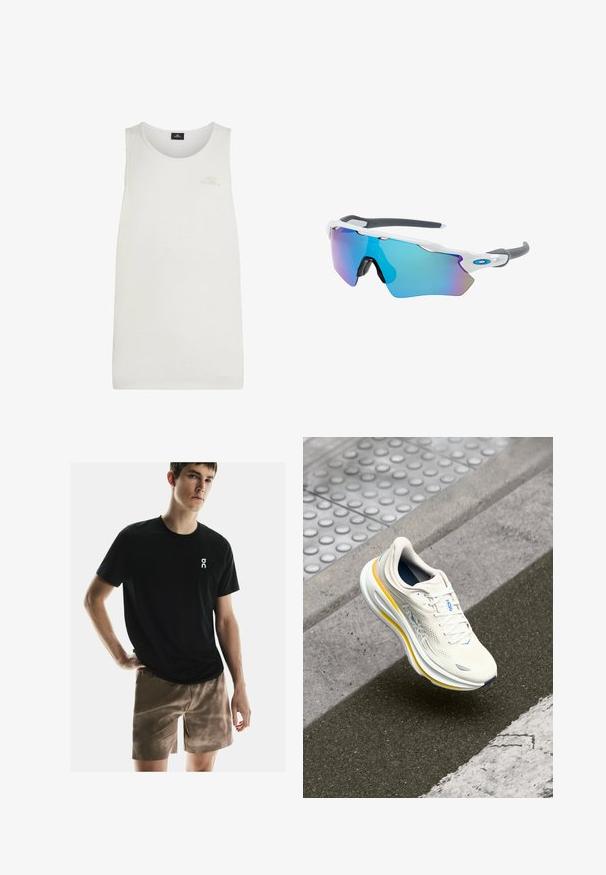 White tank top made of lightweight fabric. Features a round neckline and a small, embossed logo on the chest. Simple, plain design.; On PERFORMANCE AOP - Sports shorts - cinder; White and yellow HOKA sneaker hovering above textured sidewalk and road curb near a pedestrian crossing.; Sunglasses with a white frame, gray accents, and blue mirrored lenses. Sporty design, wraparound shape, and adjustable nose pads.